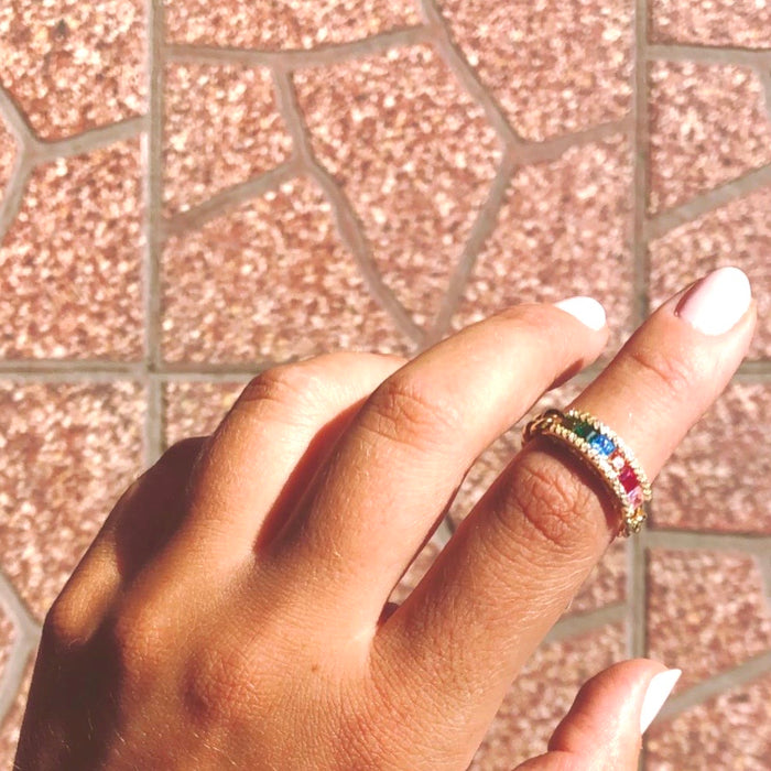 Gold Thick Chain Ring With Colored Stones